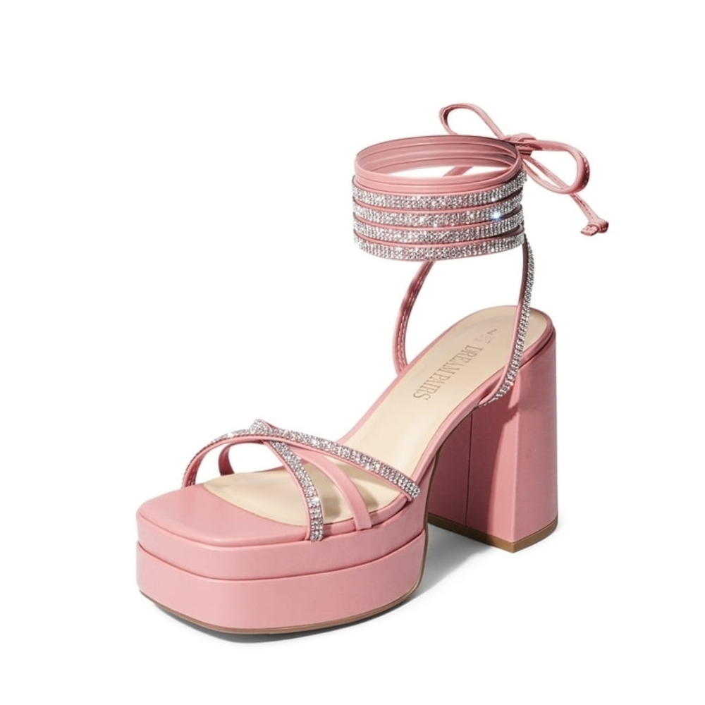 Dream Pairs Pink Platform Block Heel Sandals with Rhinestone Straps